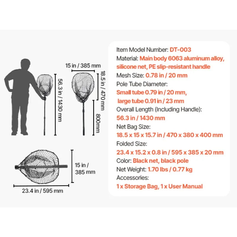 Foldable Landing Net With Telescopic Handle 6063 Aluminum Soft Silicone