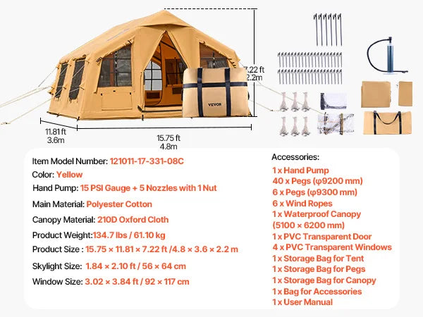 SucceBuy Inflatable Camping Tent With Skylights And Mesh Windows