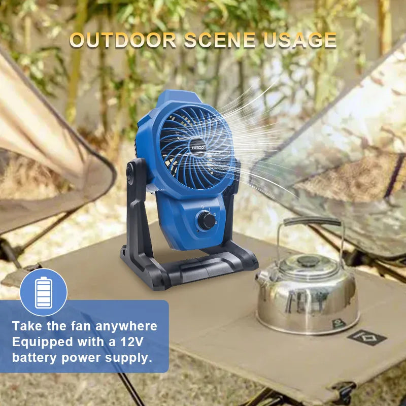 12V Cordless Camping Fan With Three Speed Settings Rechargeable Battery
