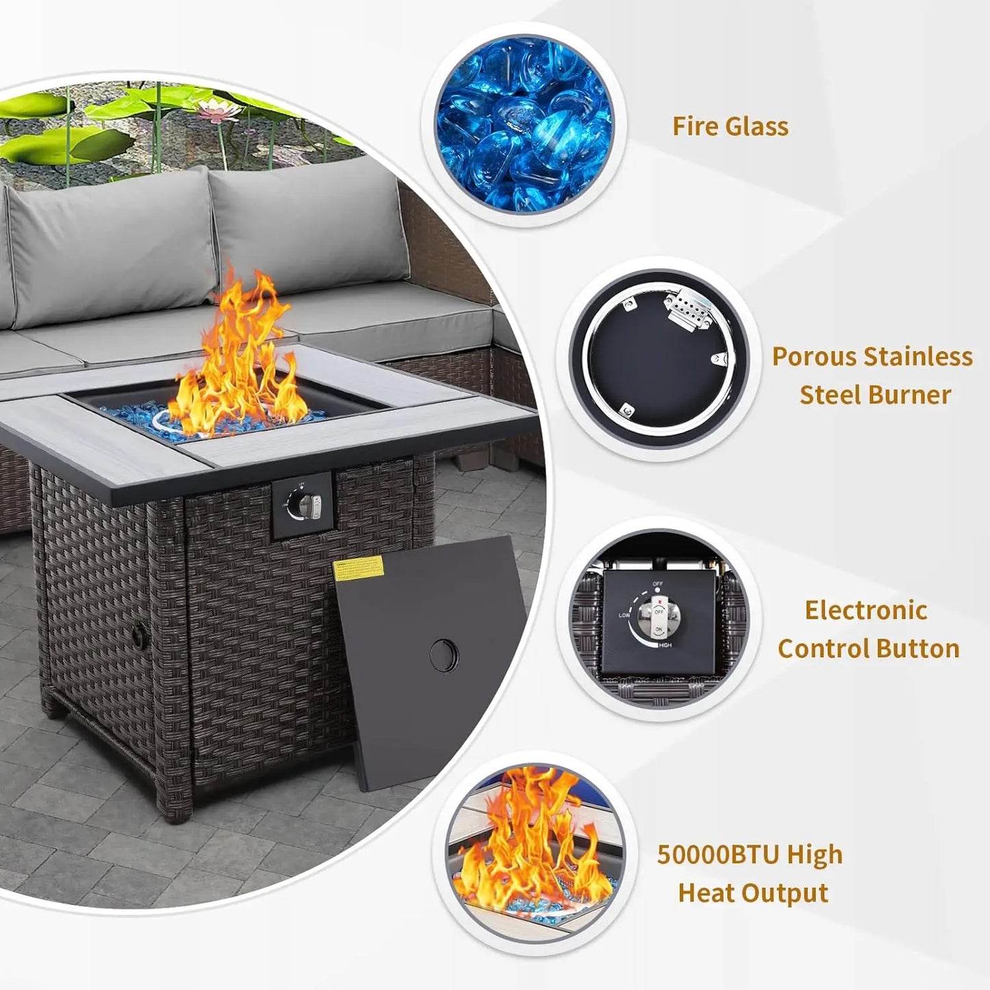 Propane Gas Fire Pit Table With Wicker And Fire Glass