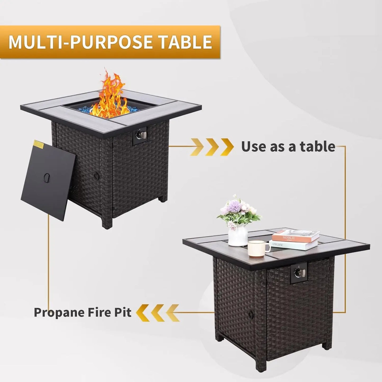 Propane Gas Fire Pit Table With Wicker And Fire Glass