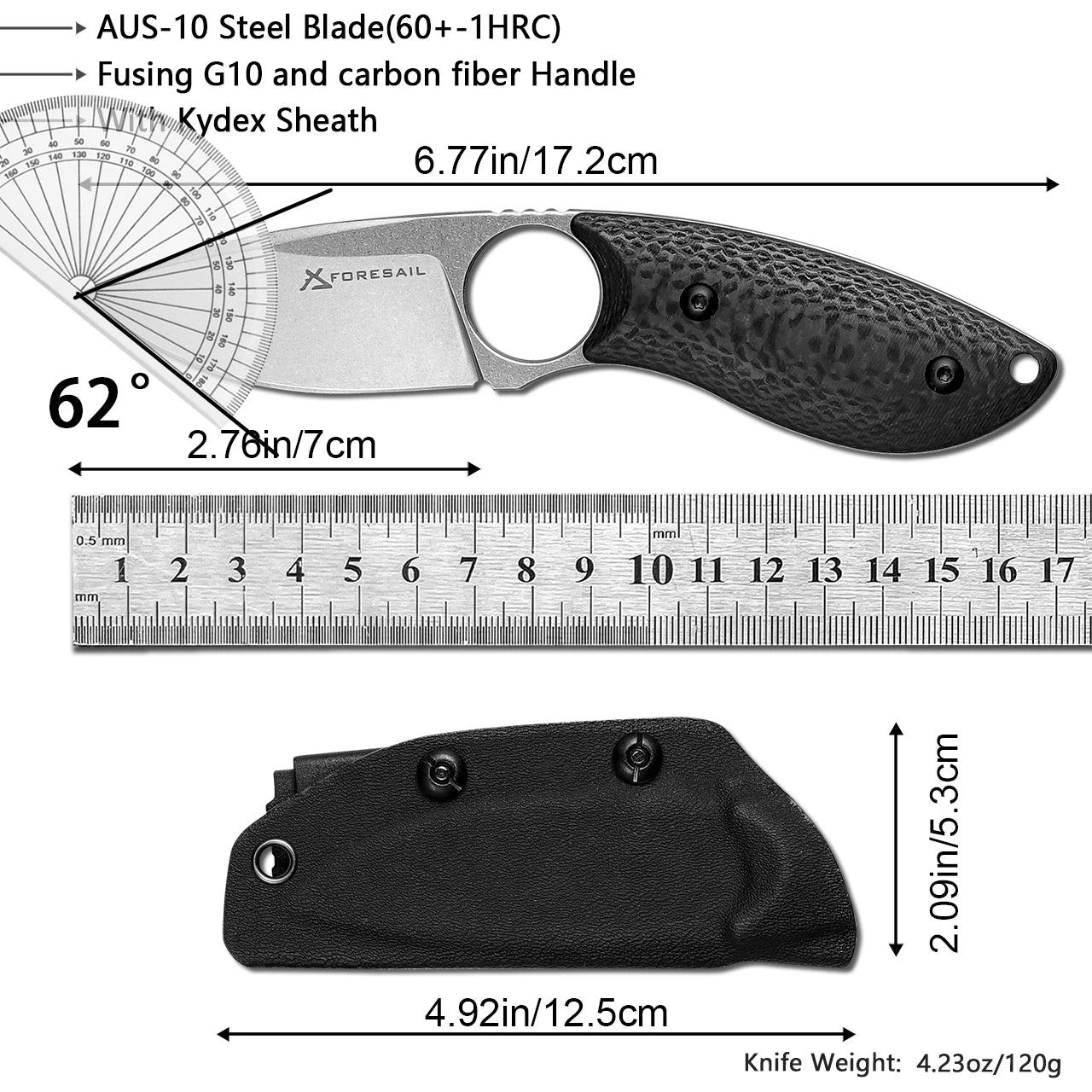 Fixed Blade Knife With Kydex Sheath AUS-10 G10 Handle EDC