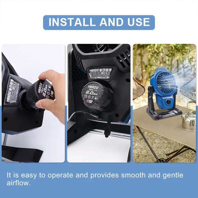 12V Cordless Camping Fan With Three Speed Settings Rechargeable Battery