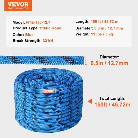 VEVOR Static Climbing Rope With Steel Snap Hooks 30kN