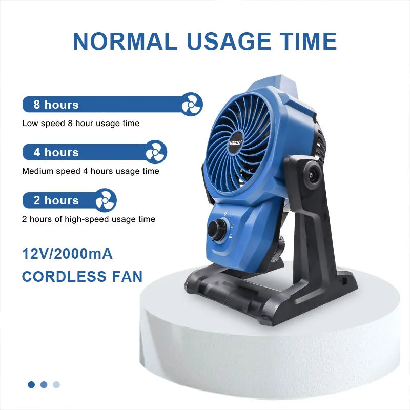 12V Cordless Camping Fan With Three Speed Settings Rechargeable Battery