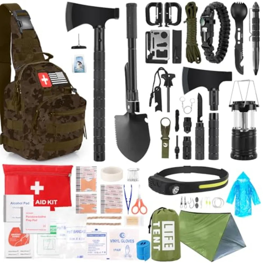 Survival Kit 268 Pcs Emergency Gear With First Aid Kit Camping Axe Headlamp