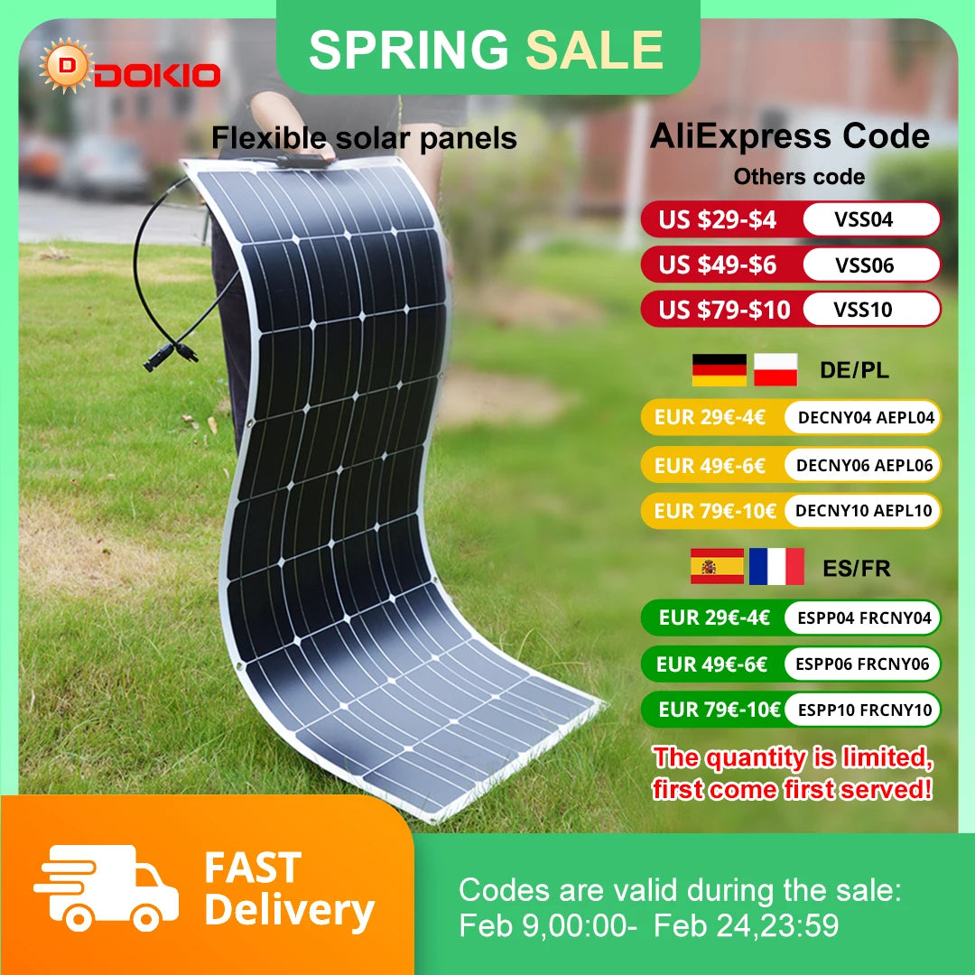 DOKIO 100W Flexible Solar Panel Monocrystalline For Camping RV 12V