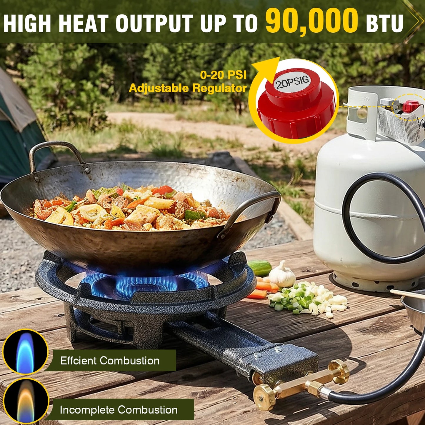 90,000 BTU Propane Wok Burner Outdoor Heavy Duty Cast Iron