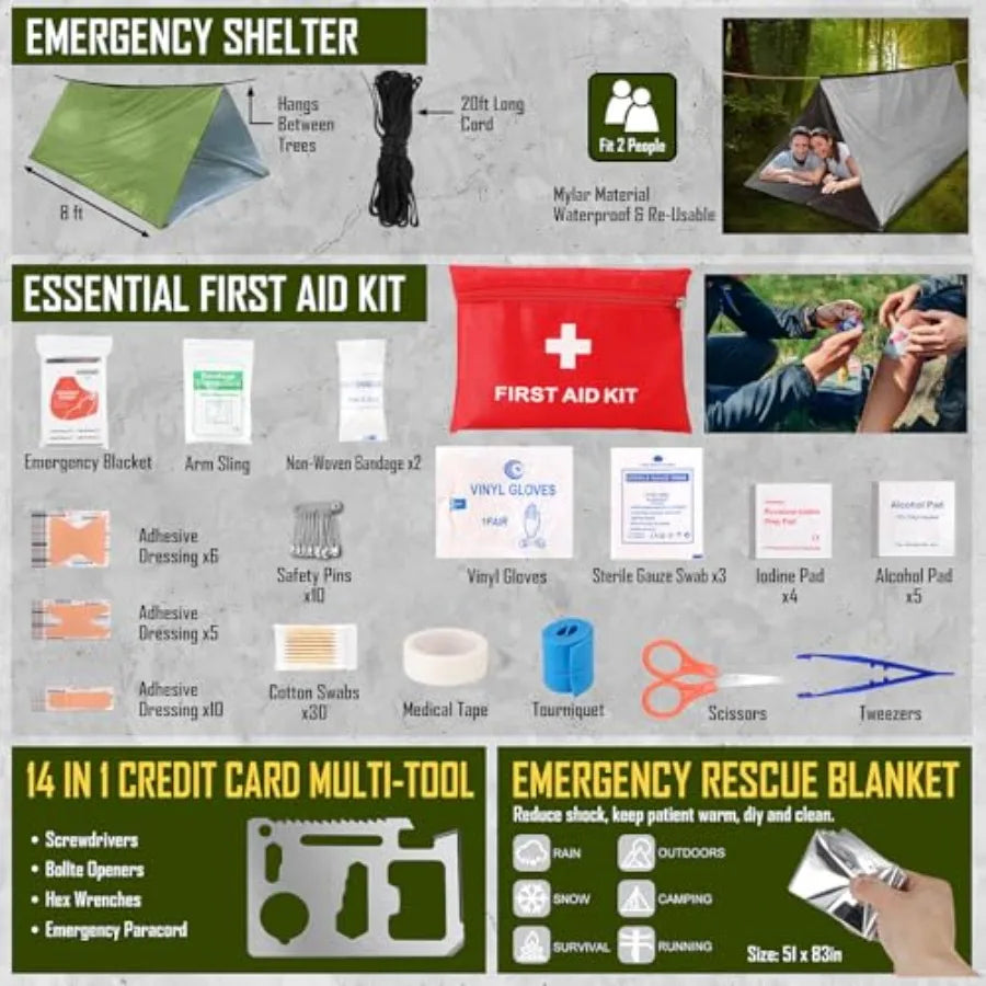 Survival Kit 268 Pcs Emergency Gear With First Aid Kit Camping Axe Headlamp