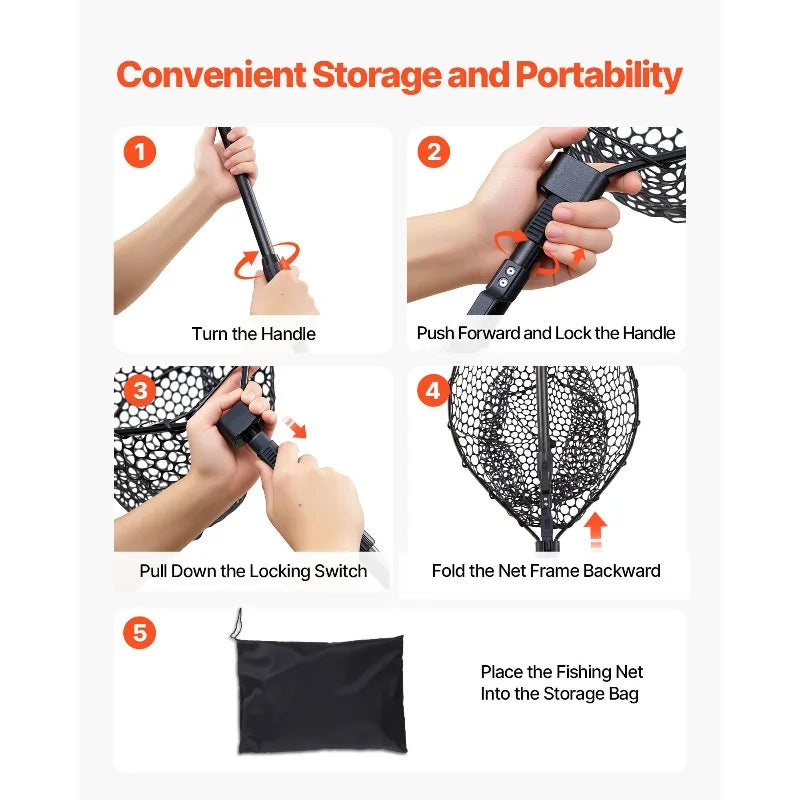 Foldable Landing Net With Telescopic Handle 6063 Aluminum Soft Silicone