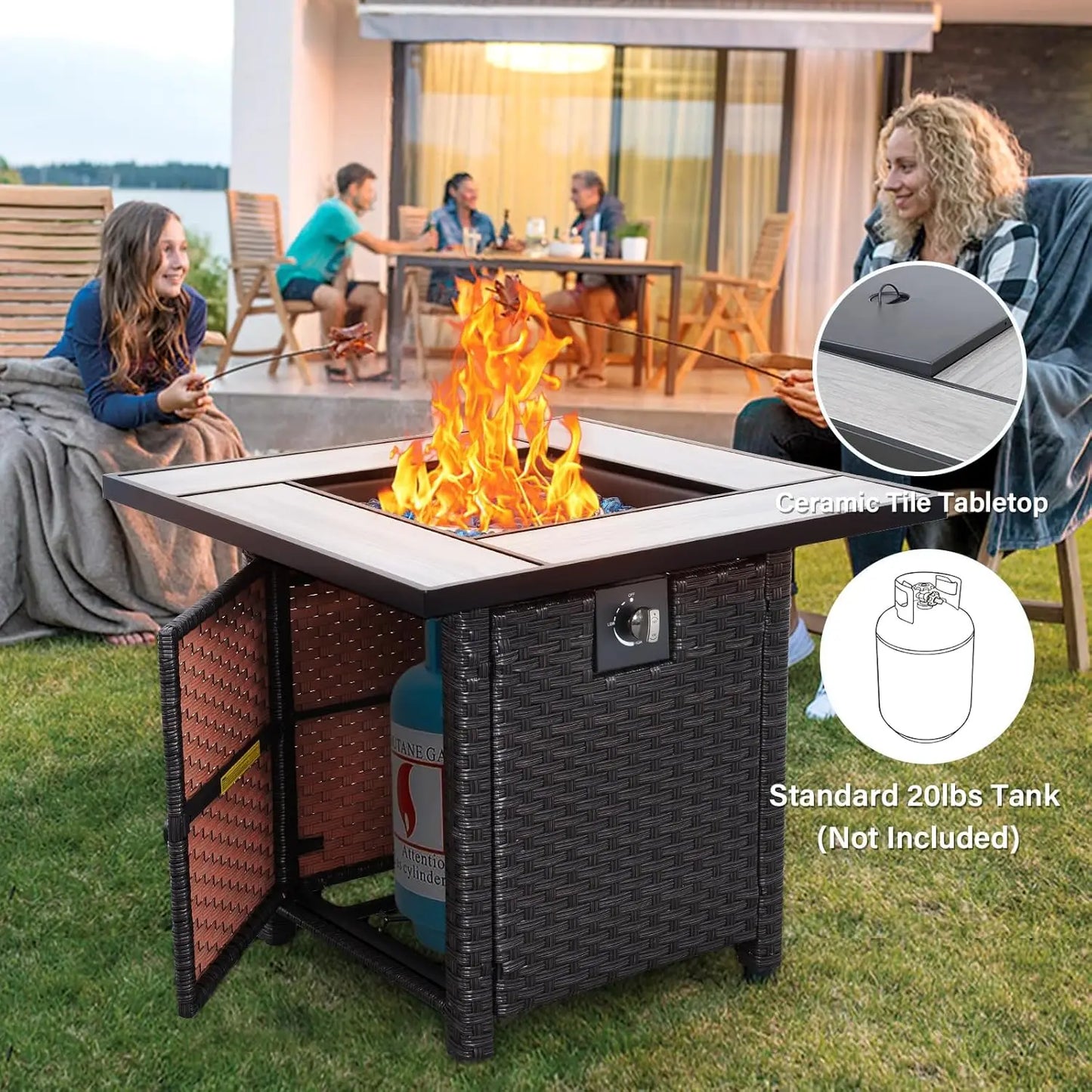 Propane Gas Fire Pit Table With Wicker And Fire Glass
