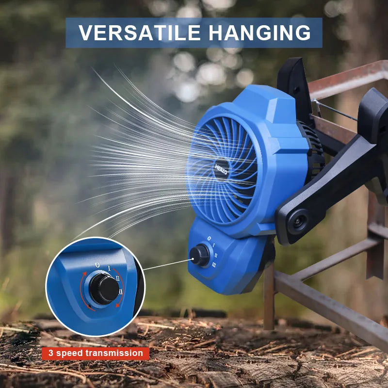12V Cordless Camping Fan With Three Speed Settings Rechargeable Battery
